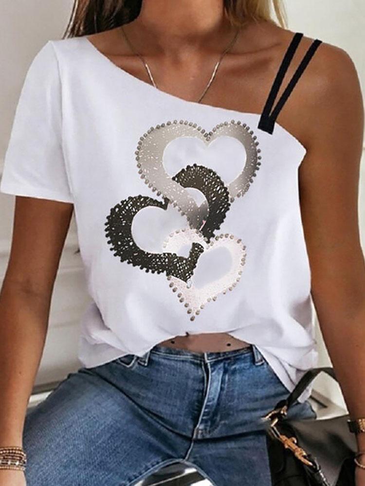 Heart Print One-Shoulder Short Sleeves Casual Blouse - LuckyFash™
