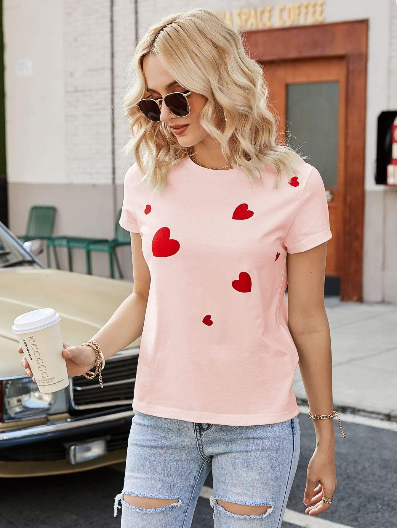 Heart Print Round Neck Tee - LuckyFash™