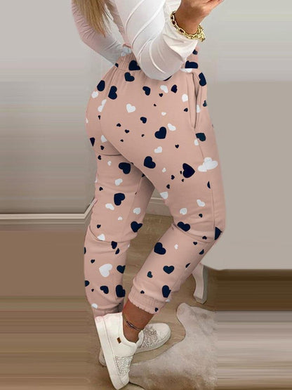Heart Print Shirring Waist Pocket Design Casual Pants - LuckyFash™