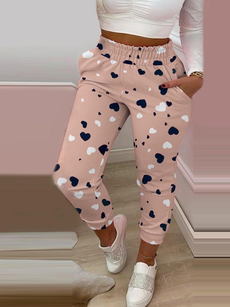 Heart Print Shirring Waist Pocket Design Casual Pants - LuckyFash™