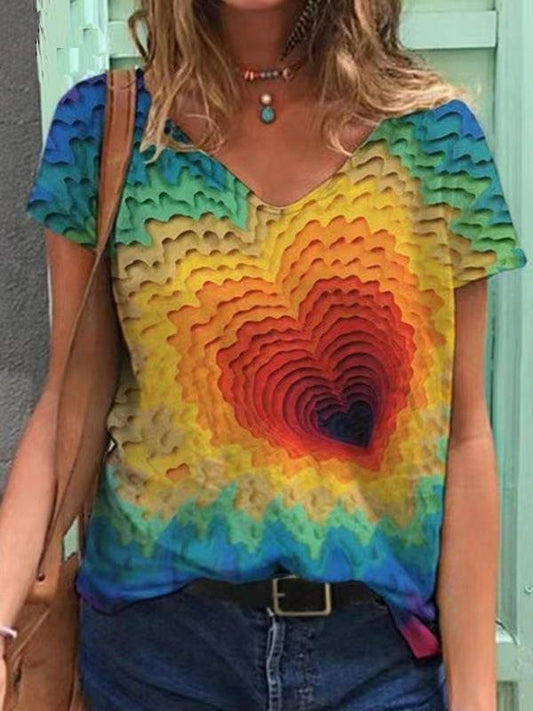Heart Printed V-neck Short-sleeved T-shirt - LuckyFash™