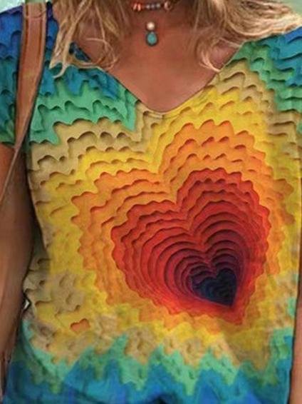 Heart Printed V-neck Short-sleeved T-shirt - LuckyFash™