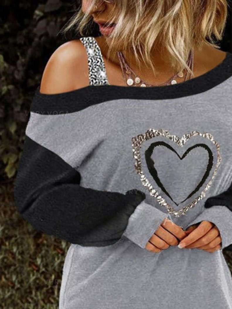 Heart Shaped Print Long Sleeve Off The Shoulder Blouses - LuckyFash™