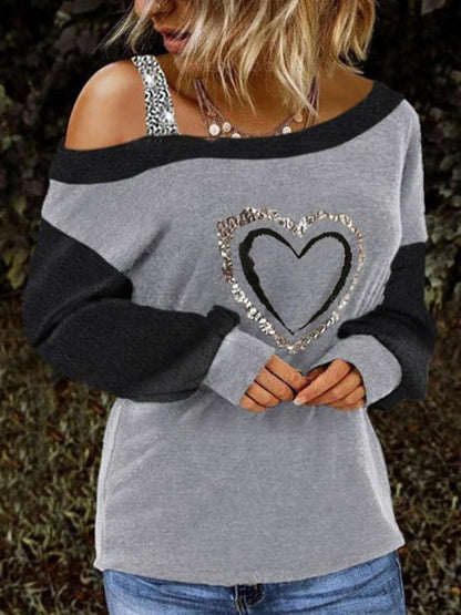 Heart Shaped Print Long Sleeve Off The Shoulder Blouses - LuckyFash™