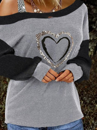 Heart Shaped Print Long Sleeve Off The Shoulder Blouses - LuckyFash™
