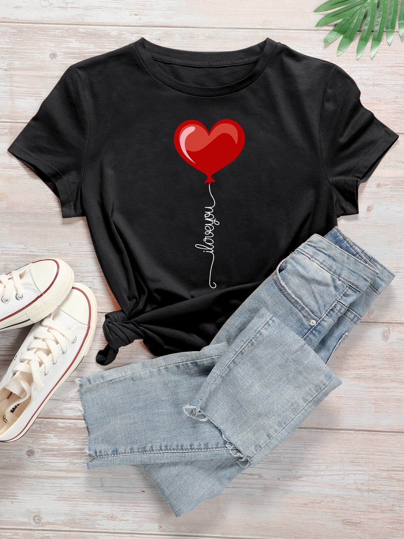 Heart & Slogan Graphic Round Neck Tee - LuckyFash™