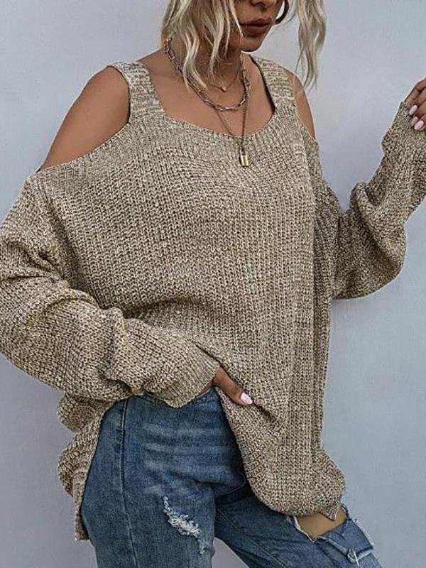 Heathered Cold Shoulder Oversize Sweater - LuckyFash™