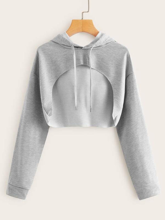 Heathered Knit Cutout Drawstring Hoodie - LuckyFash™