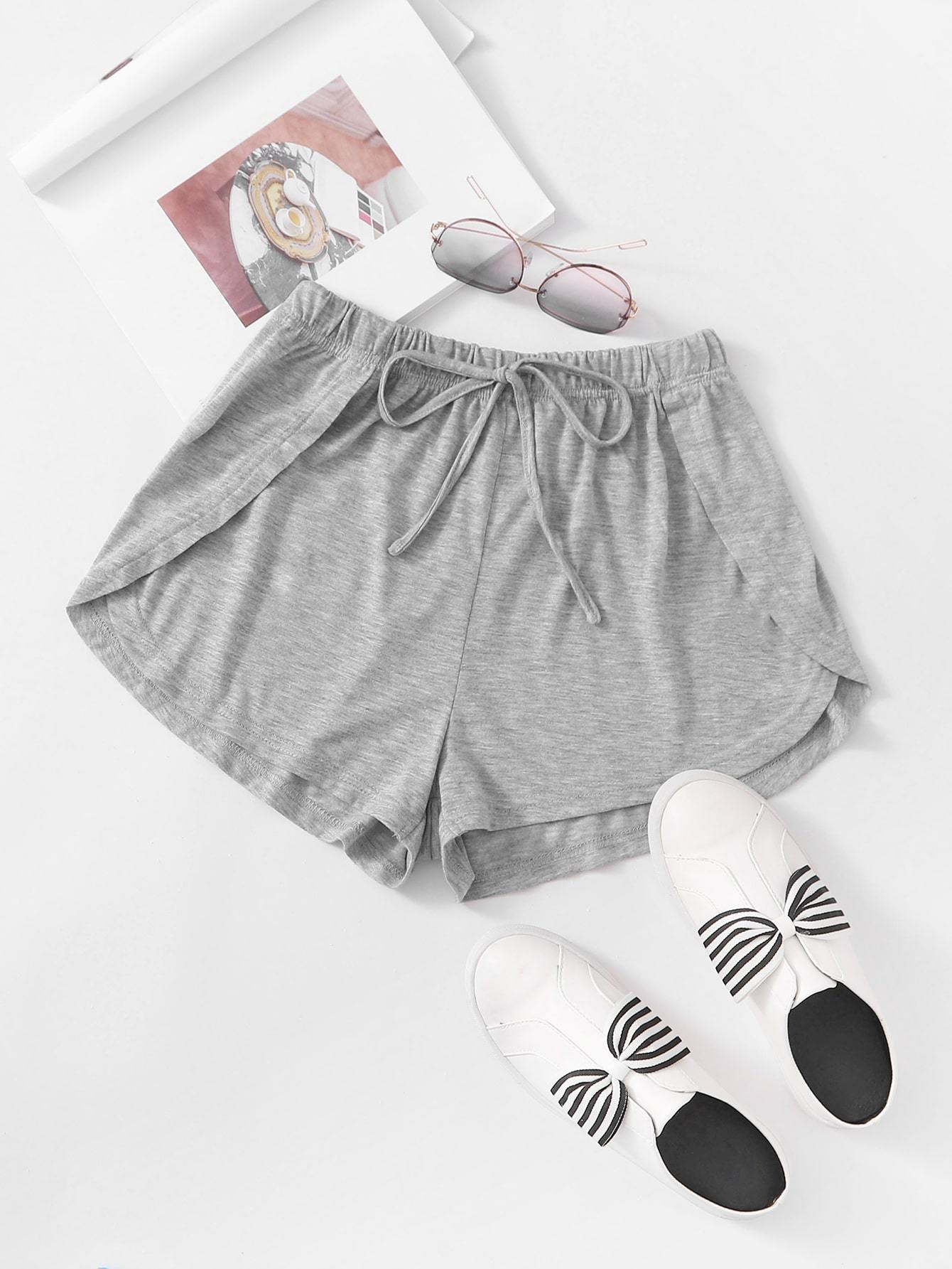 Heathered Knit Tulip Hem Drawstring Shorts - LuckyFash™