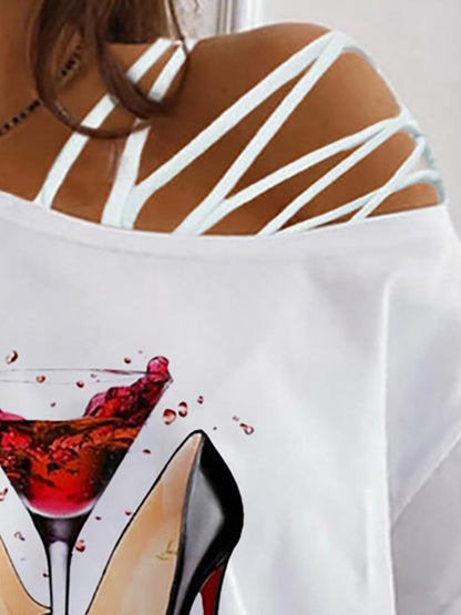 Heels Graphic Print One Shoulder Lace-up T-shirt - LuckyFash™