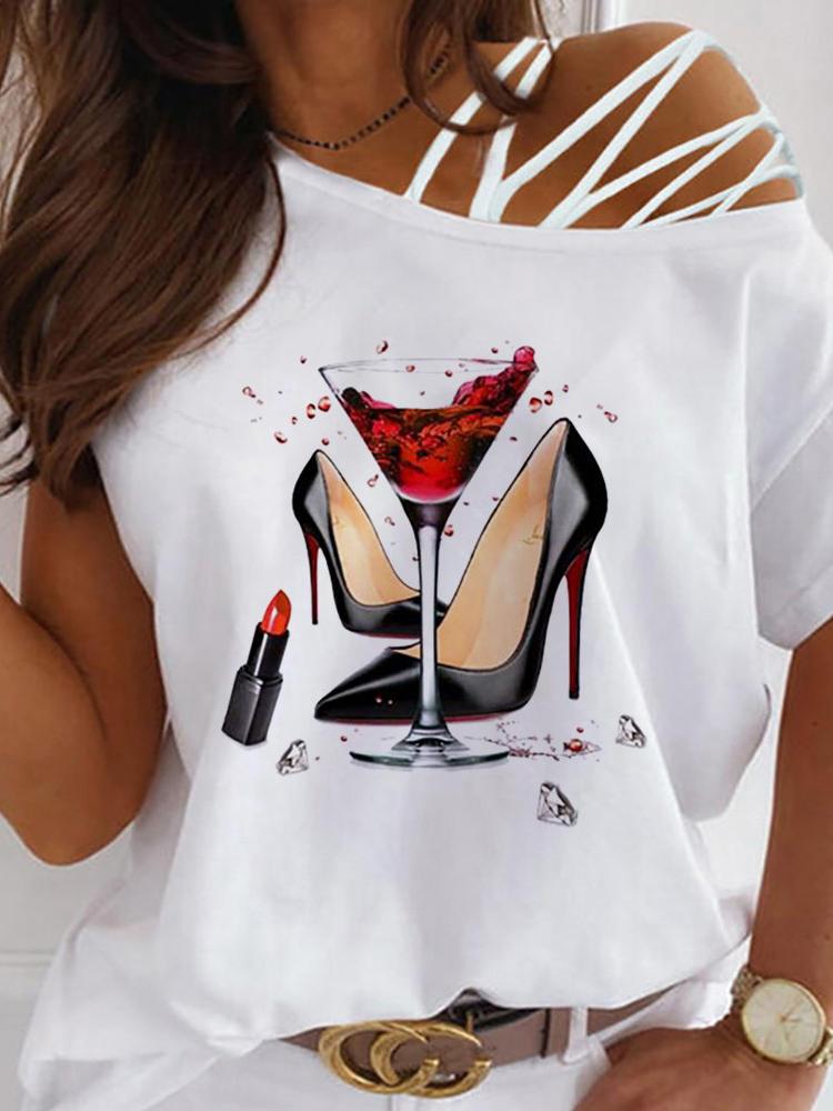 Heels Graphic Print One Shoulder Lace-up T-shirt - LuckyFash™