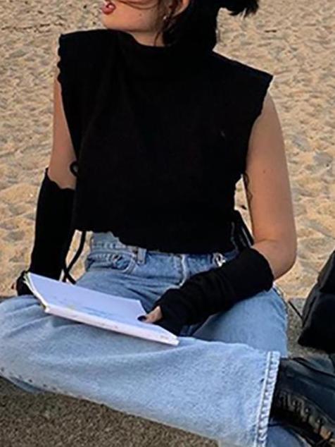 High Collar Slim Cutout Sleeve Strappy Tank Top - LuckyFash™