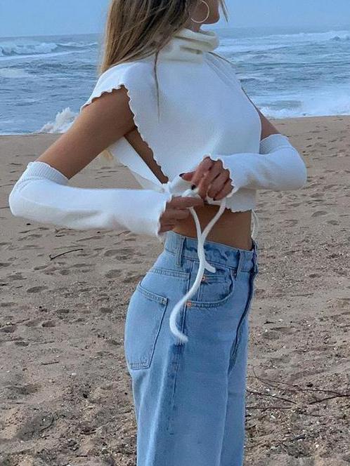 High Collar Slim Cutout Sleeve Strappy Tank Top - LuckyFash™