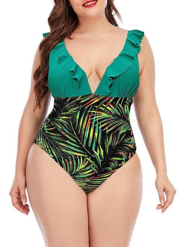 High Cut Plus Size Printing Colorblock Ruffle Swimsuit - LuckyFash™