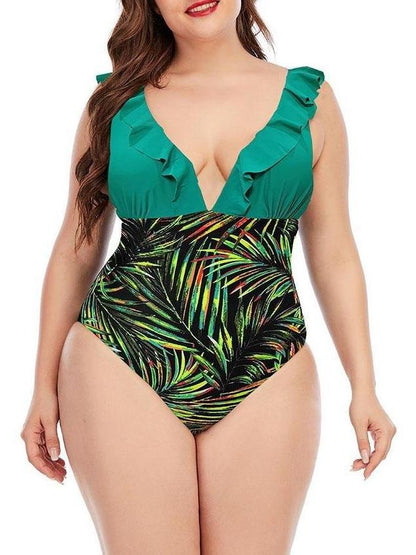 High Cut Plus Size Printing Colorblock Ruffle Swimsuit - LuckyFash™