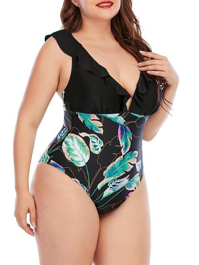 High Cut Plus Size Printing Colorblock Ruffle Swimsuit - LuckyFash™