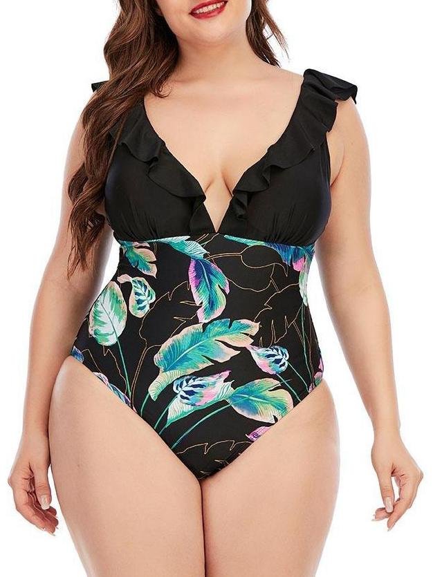 High Cut Plus Size Printing Colorblock Ruffle Swimsuit - LuckyFash™