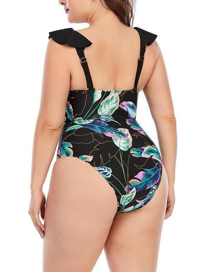 High Cut Plus Size Printing Colorblock Ruffle Swimsuit - LuckyFash™