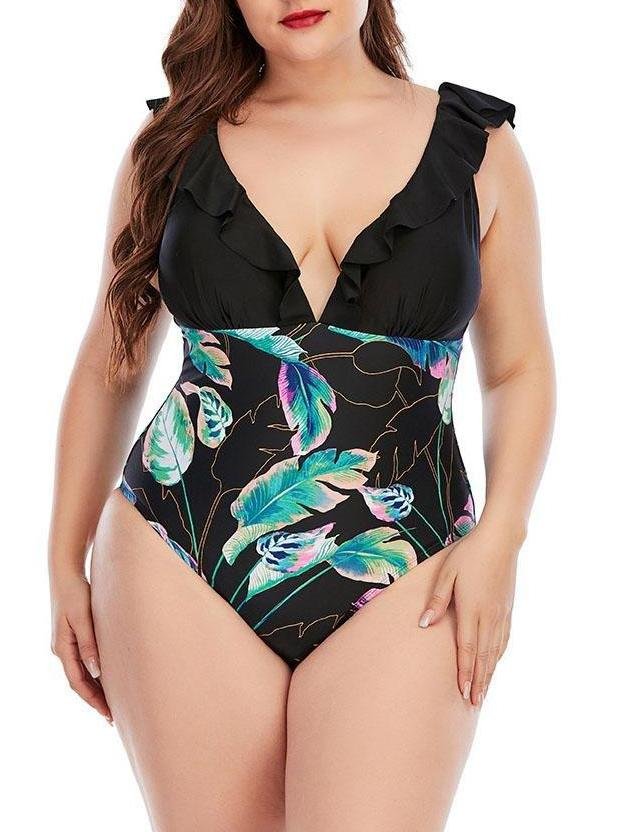 High Cut Plus Size Printing Colorblock Ruffle Swimsuit - LuckyFash™