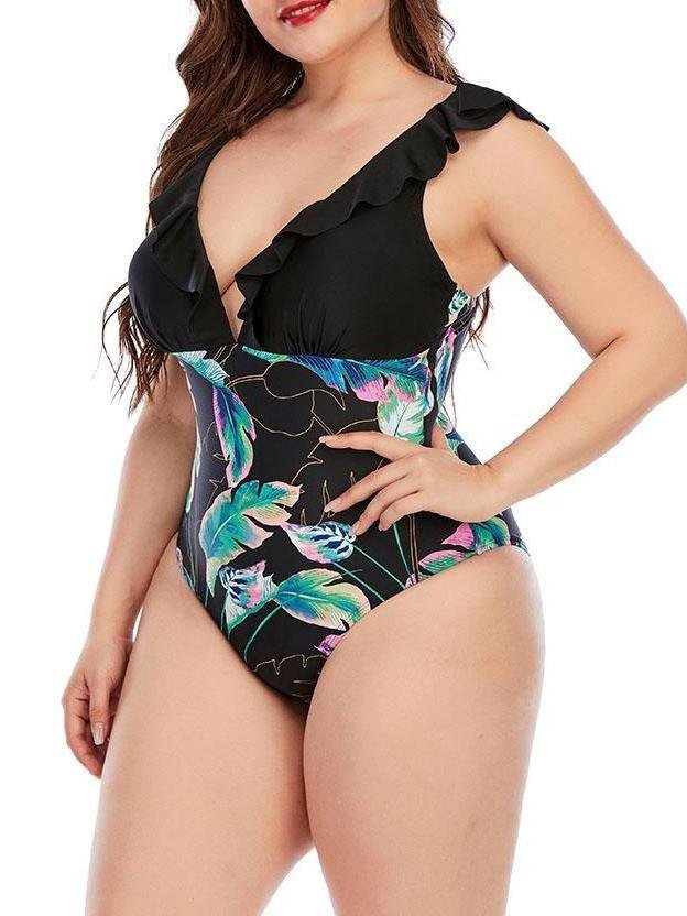 High Cut Plus Size Printing Colorblock Ruffle Swimsuit - LuckyFash™