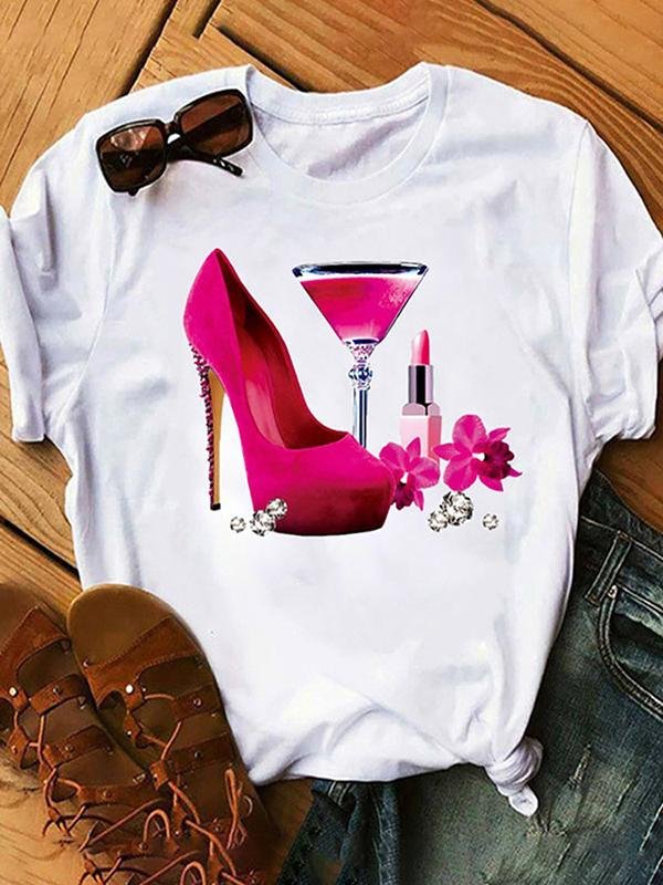 High Heels Floral Graphic Printed Short-sleeved Tee - LuckyFash™