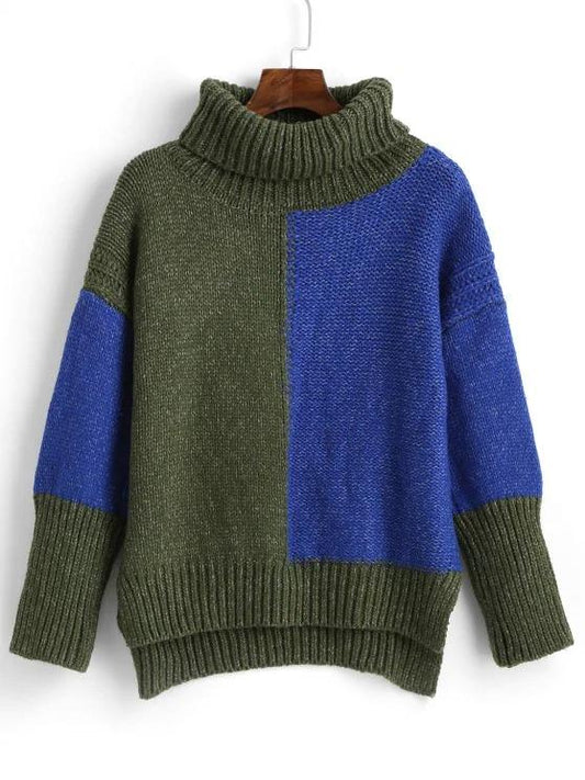 High Low Color Block Turtleneck Sweater - LuckyFash™