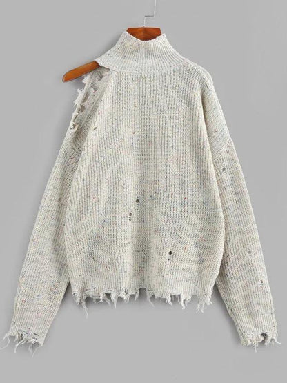 High Neck Distressed Sweater - LuckyFash™