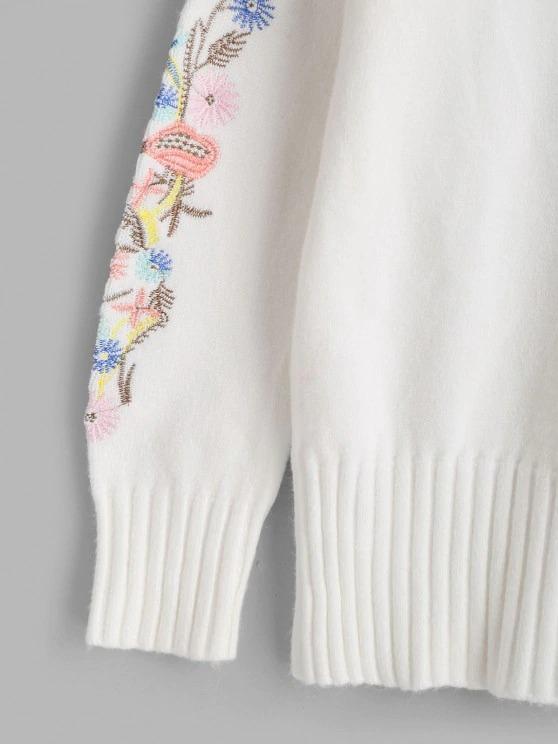 High Neck Floral Embroidered Drop Shoulder Sweater - LuckyFash™