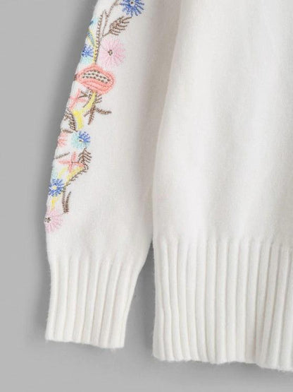 High Neck Floral Embroidered Drop Shoulder Sweater - LuckyFash™