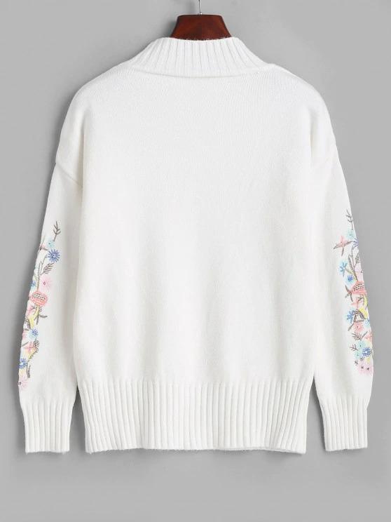 High Neck Floral Embroidered Drop Shoulder Sweater - LuckyFash™