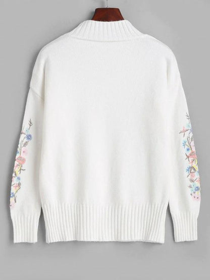 High Neck Floral Embroidered Drop Shoulder Sweater - LuckyFash™