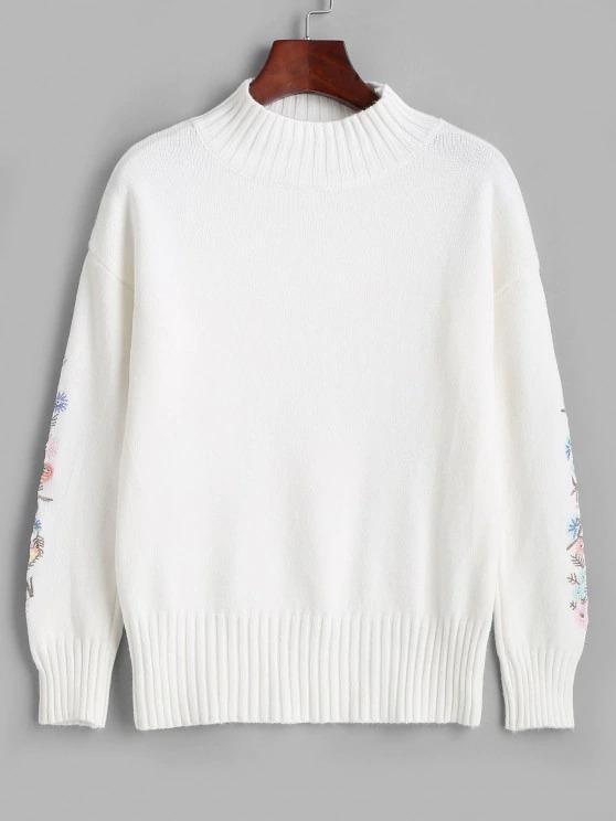 High Neck Floral Embroidered Drop Shoulder Sweater - LuckyFash™