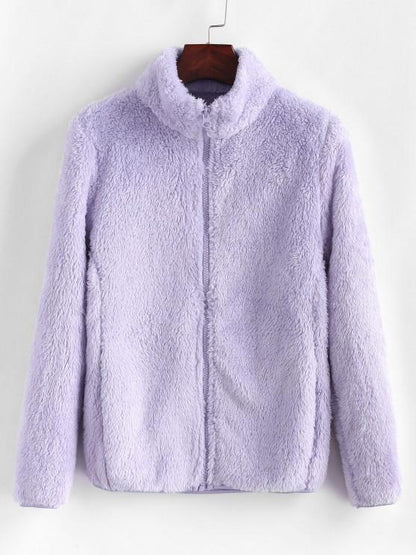 High Neck Zip Up Fluffy Coat - LuckyFash™