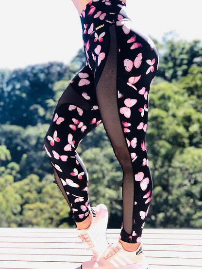 High Rise Butterfly Print Mesh Butt Lifting Yoga Pants - LuckyFash™