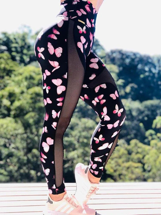 High Rise Butterfly Print Mesh Butt Lifting Yoga Pants - LuckyFash™
