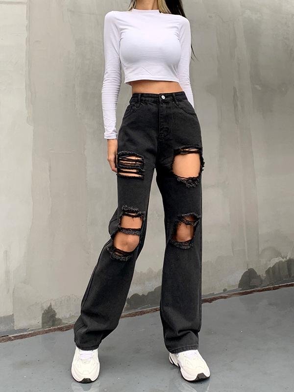 High Waist Button Personality Ripped Loose Straight-leg Pants - LuckyFash™