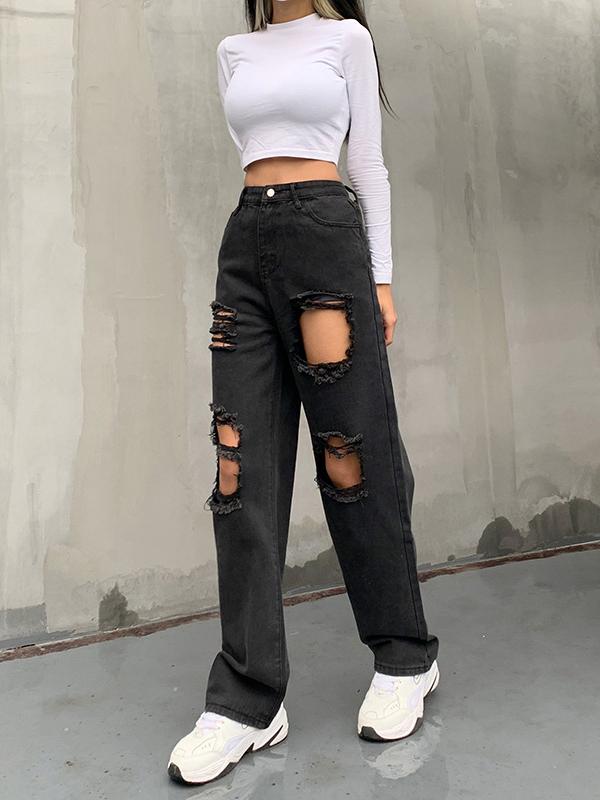 High Waist Button Personality Ripped Loose Straight-leg Pants - LuckyFash™