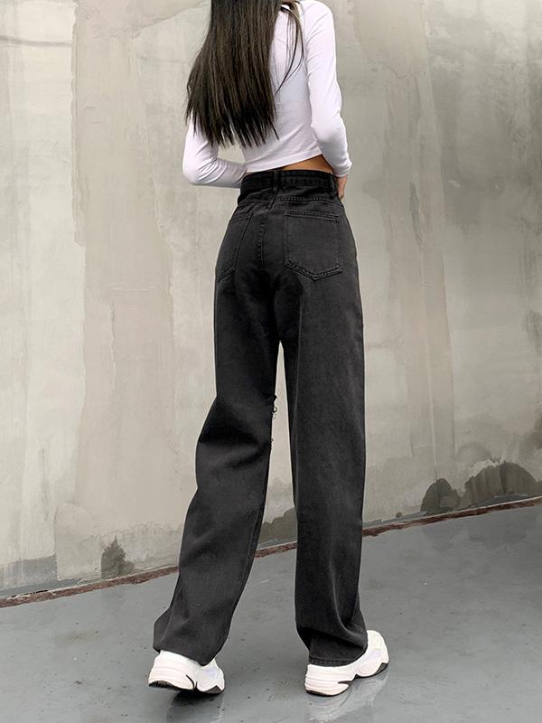 High Waist Button Personality Ripped Loose Straight-leg Pants - LuckyFash™