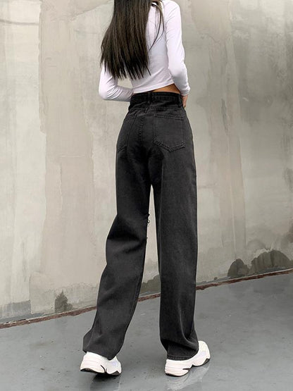 High Waist Button Personality Ripped Loose Straight-leg Pants - LuckyFash™
