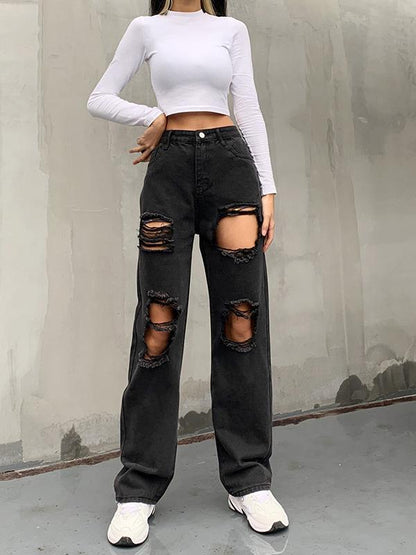 High Waist Button Personality Ripped Loose Straight-leg Pants - LuckyFash™