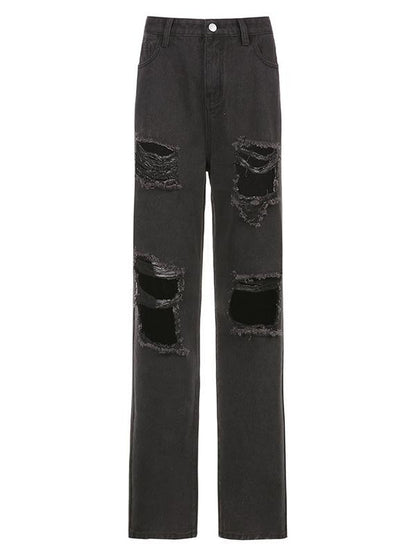 High Waist Button Personality Ripped Loose Straight-leg Pants - LuckyFash™