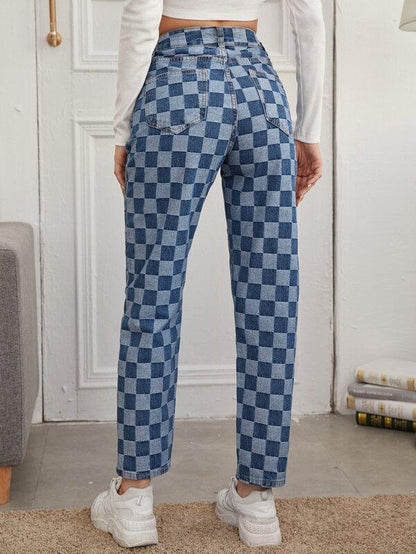 High Waist Checkered Straight Jeans - LuckyFash™