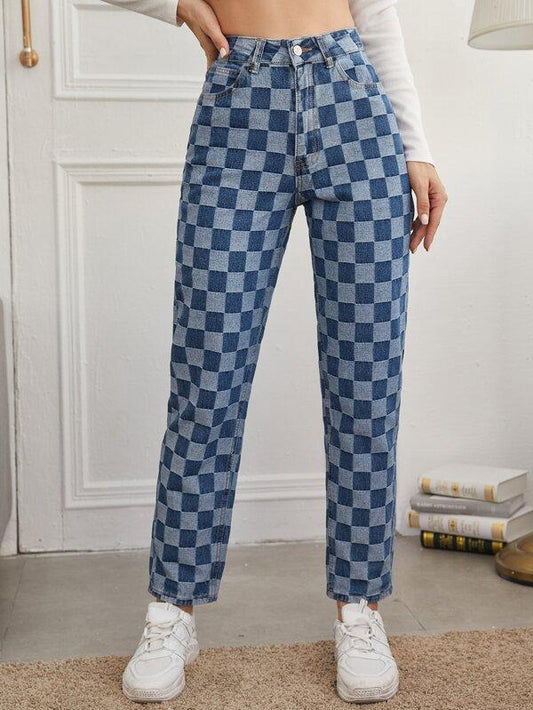 High Waist Checkered Straight Jeans - LuckyFash™