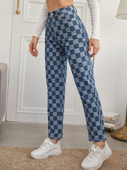 High Waist Checkered Straight Jeans - LuckyFash™