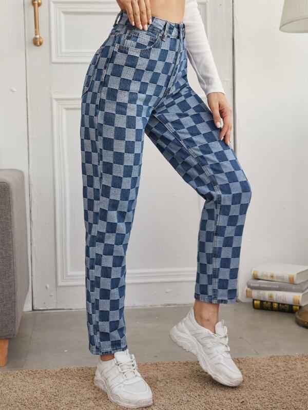 High Waist Checkered Straight Jeans - LuckyFash™