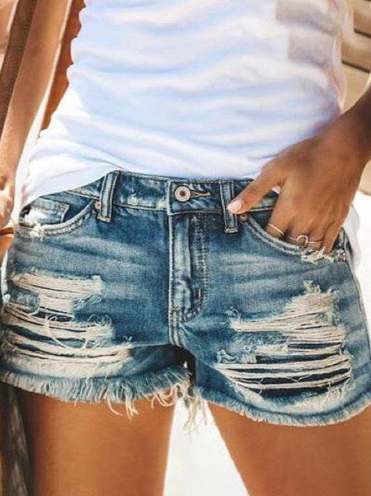 High Waist Fringed Ripped Casual Denim Shorts - LuckyFash™