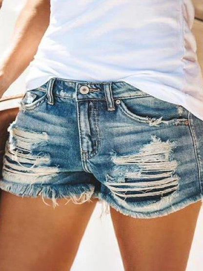 High Waist Fringed Ripped Casual Denim Shorts - LuckyFash™