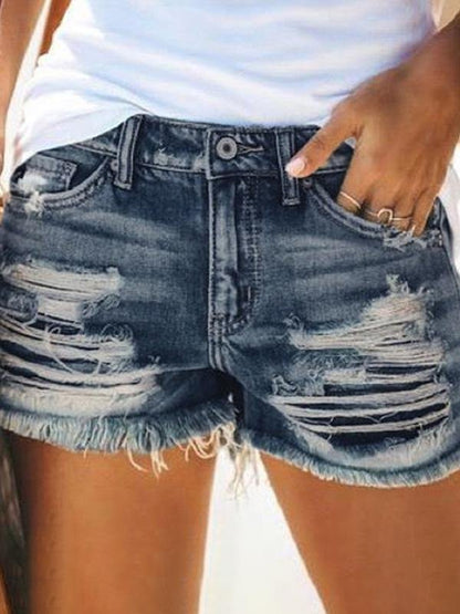 High Waist Fringed Ripped Casual Denim Shorts - LuckyFash™