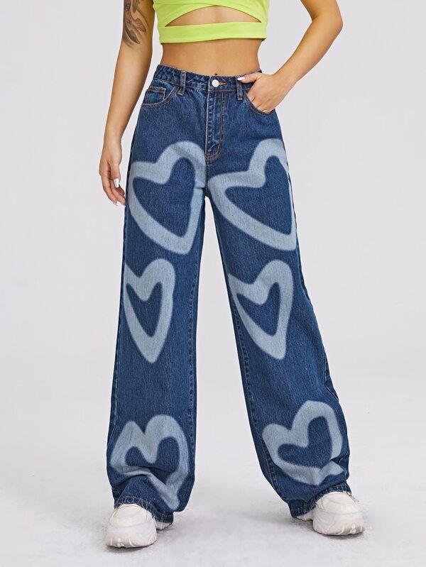 High Waist Heart Print Wide Leg Jeans - LuckyFash™
