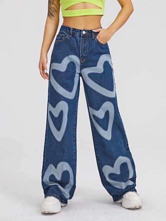 High Waist Heart Print Wide Leg Jeans - LuckyFash™